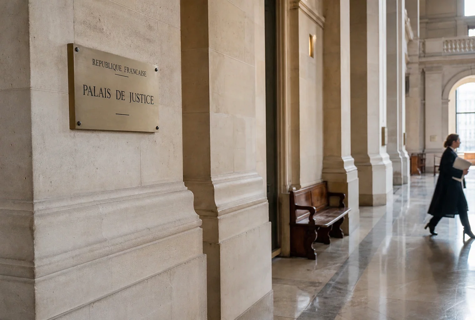 Couloir lumineux du palais de justice de Paris, vide et calme, avant une décision judiciaire majeure.