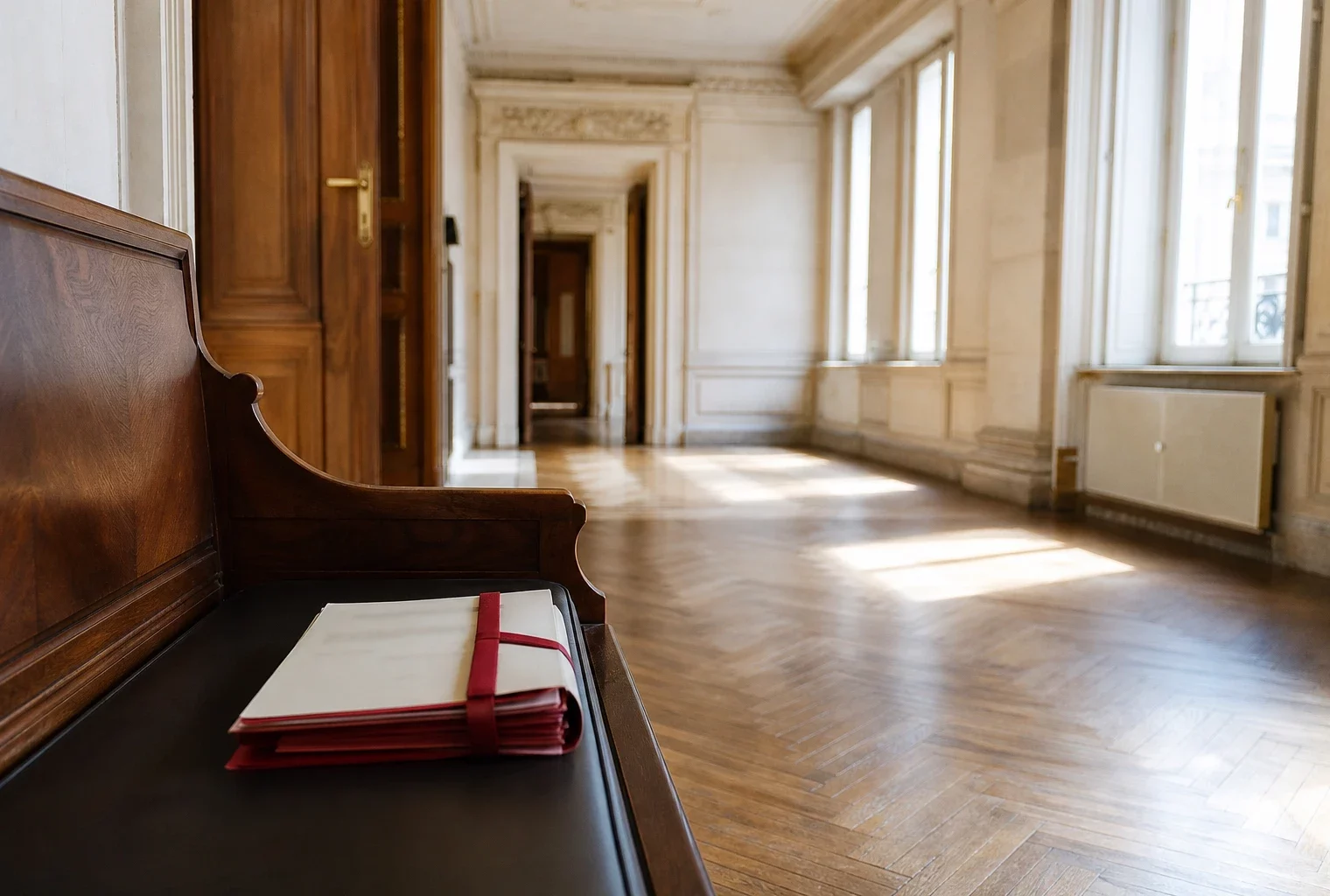 Couloir lumineux d’un palais de justice parisien avec dossier juridique flou sur un banc, ambiance institutionnelle calme.