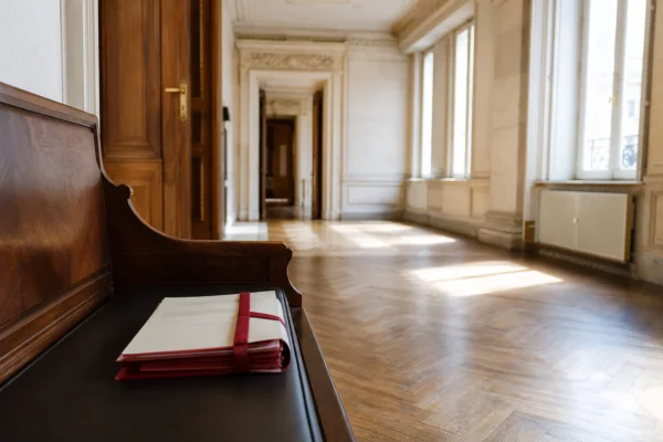 Couloir lumineux d’un palais de justice parisien avec dossier juridique flou sur un banc, ambiance institutionnelle calme.