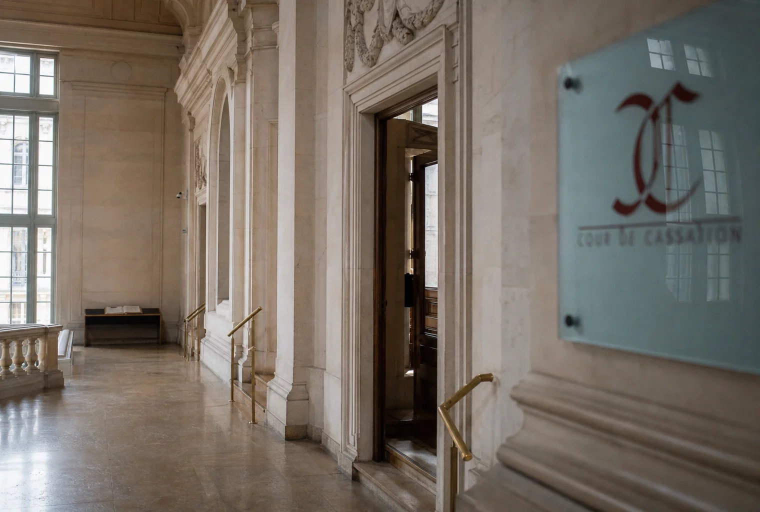 Hall institutionnel vide d’un palais de justice parisien, en lumière naturelle claire et vue oblique.