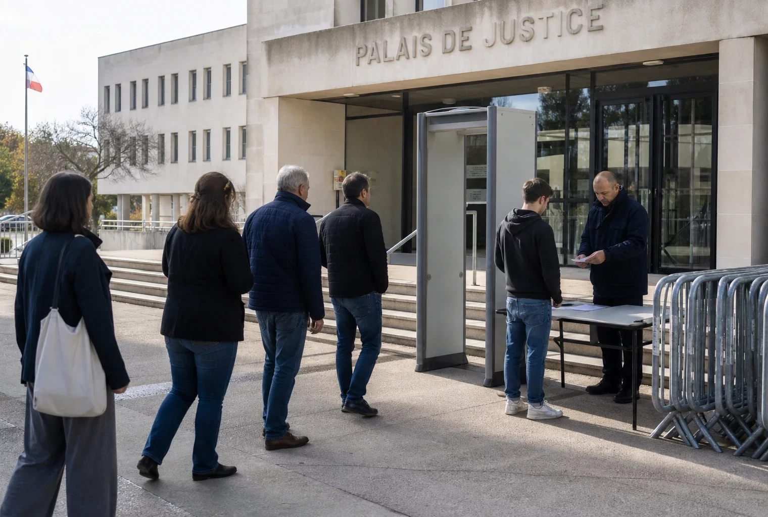 Filtrage de sécurité calme devant un tribunal français, avec gardien civil et usagers anonymes.