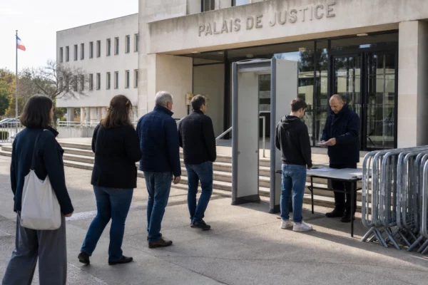 Filtrage de sécurité calme devant un tribunal français, avec gardien civil et usagers anonymes.