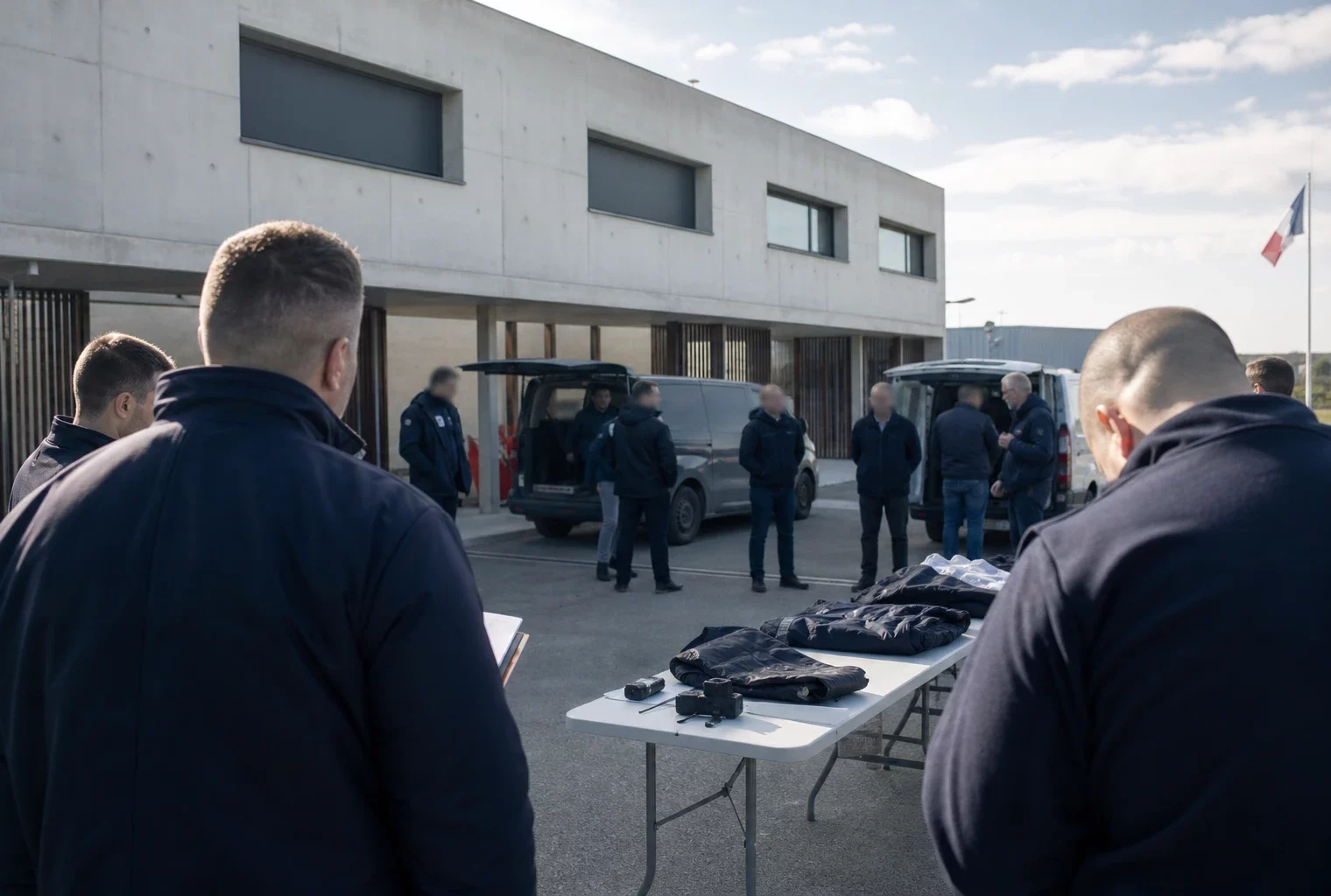 Cour calme d’un centre de formation de sécurité en France, avec silhouettes anonymes et matériel posé sur une table