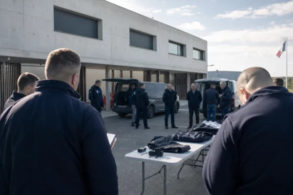 Cour calme d’un centre de formation de sécurité en France, avec silhouettes anonymes et matériel posé sur une table