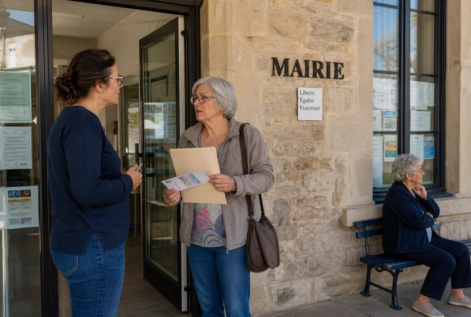 Devant une mairie de village, des habitants échangent avec un agent municipal dans une scène de service public apaisée.