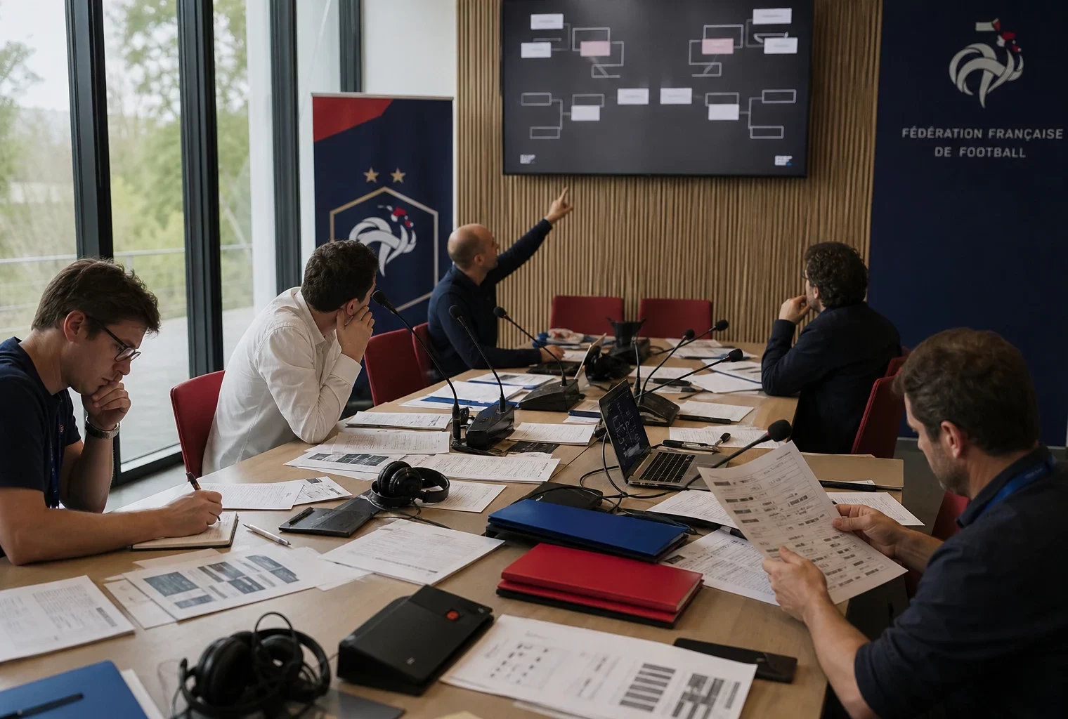 Des journalistes et analystes autour d’une table dans une salle de presse française, après une soirée du Mondial 2026.