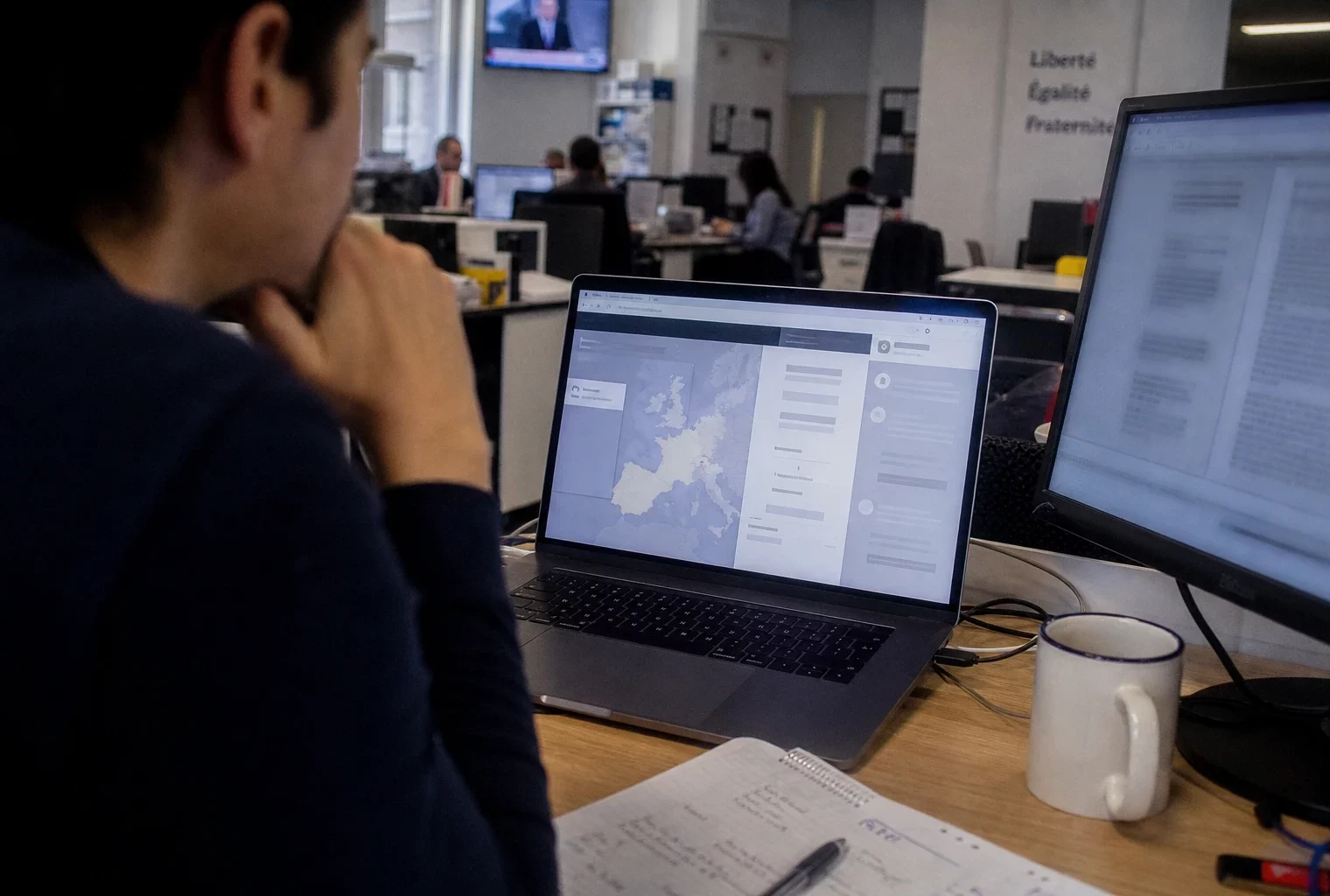 Vue de dos d’un journaliste devant un écran d’ordinateur avec interface abstraite, dans une rédaction française lumineuse.