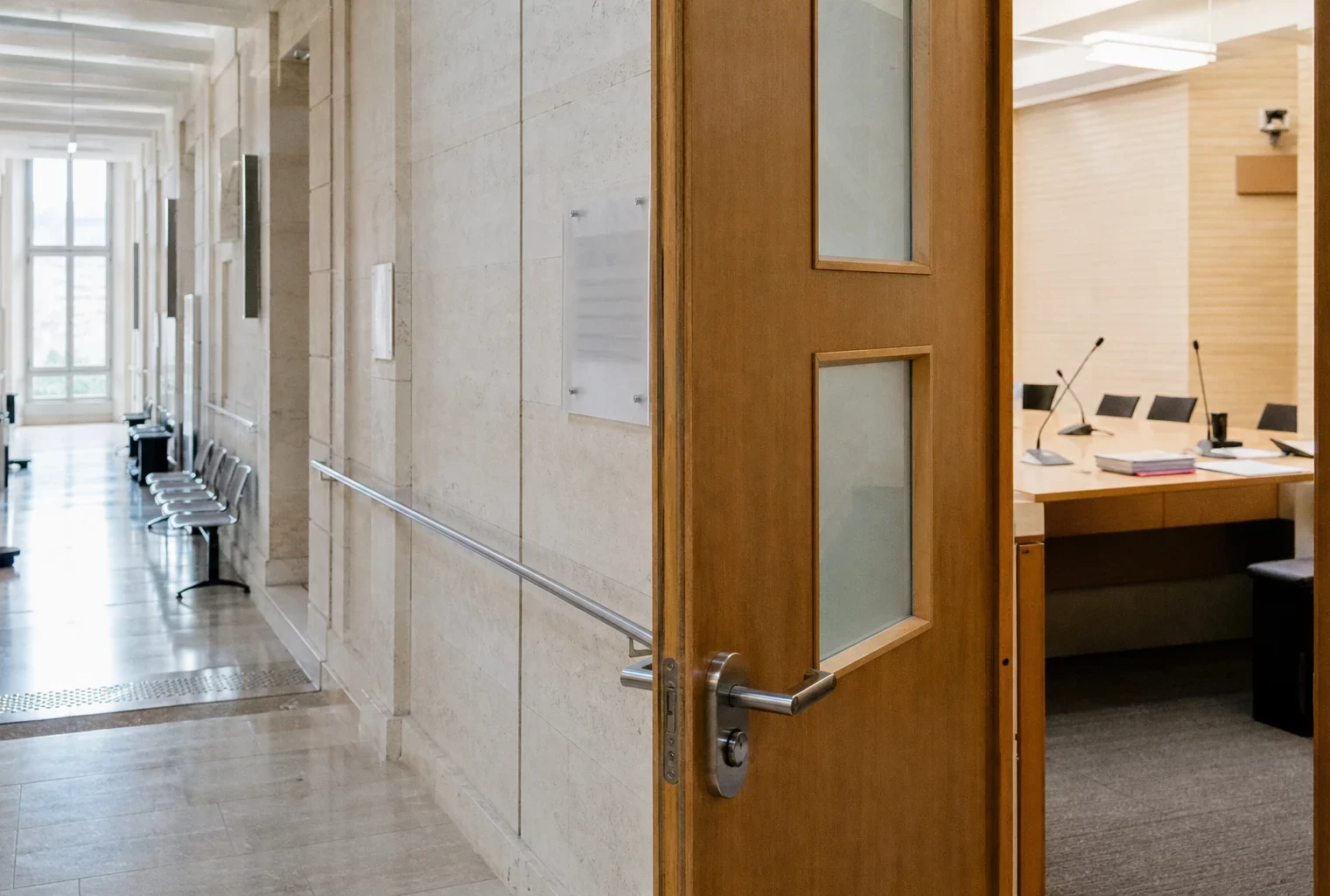 Couloir lumineux d’une institution publique française avec salle d’audition visible en arrière-plan