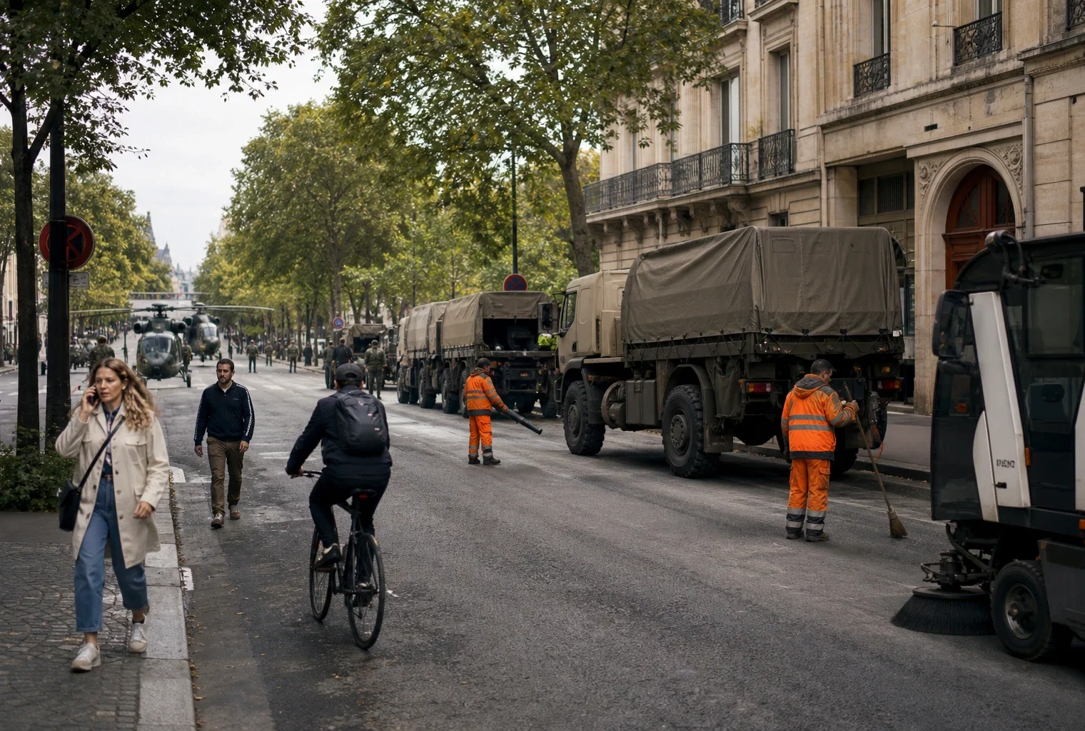 Rehearsal du 14-Juillet à Paris avec véhicules militaires et circulation civile sur une avenue proche des Champs-Élysées