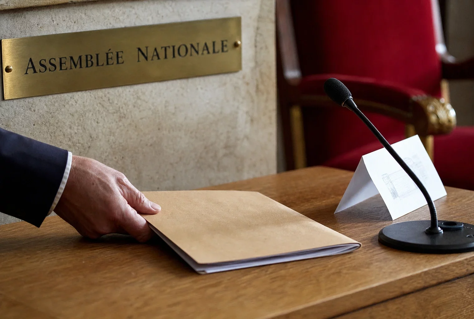 Gros plan d’une main sur un dossier et un micro dans un cadre institutionnel français, avec une plaque d’Assemblée nationale floue.