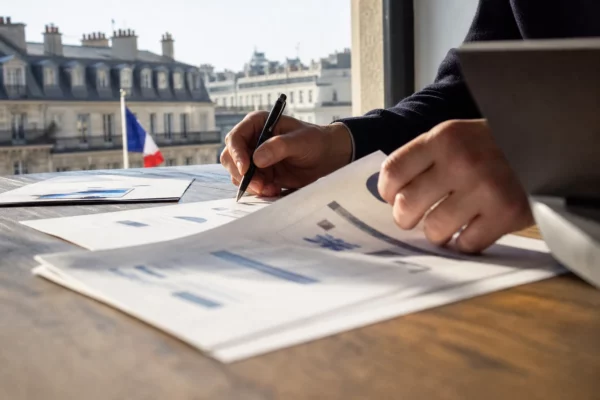 Main annotant un pitch deck dans un espace de coworking lumineux, avec vue floue sur les toits parisiens.