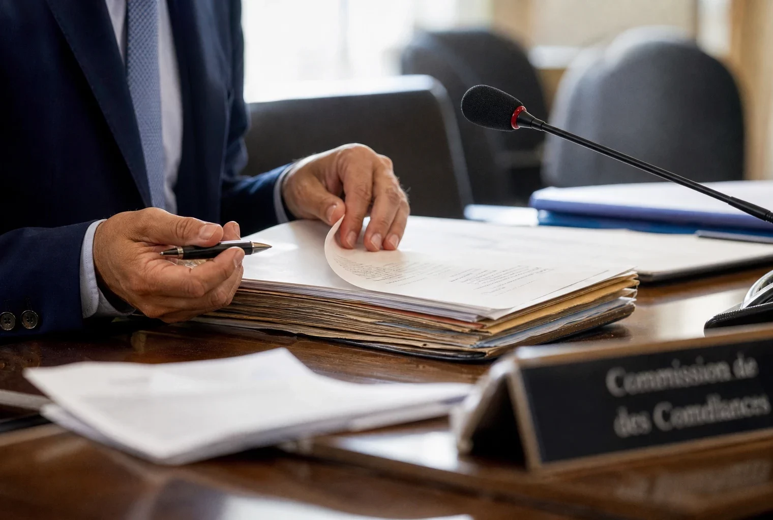 Mains anonymes sur un dossier et un micro de commission dans une salle d’audition institutionnelle française.
