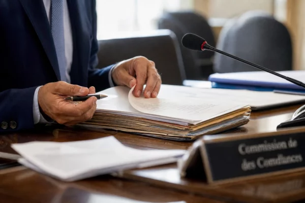 Mains anonymes sur un dossier et un micro de commission dans une salle d’audition institutionnelle française.