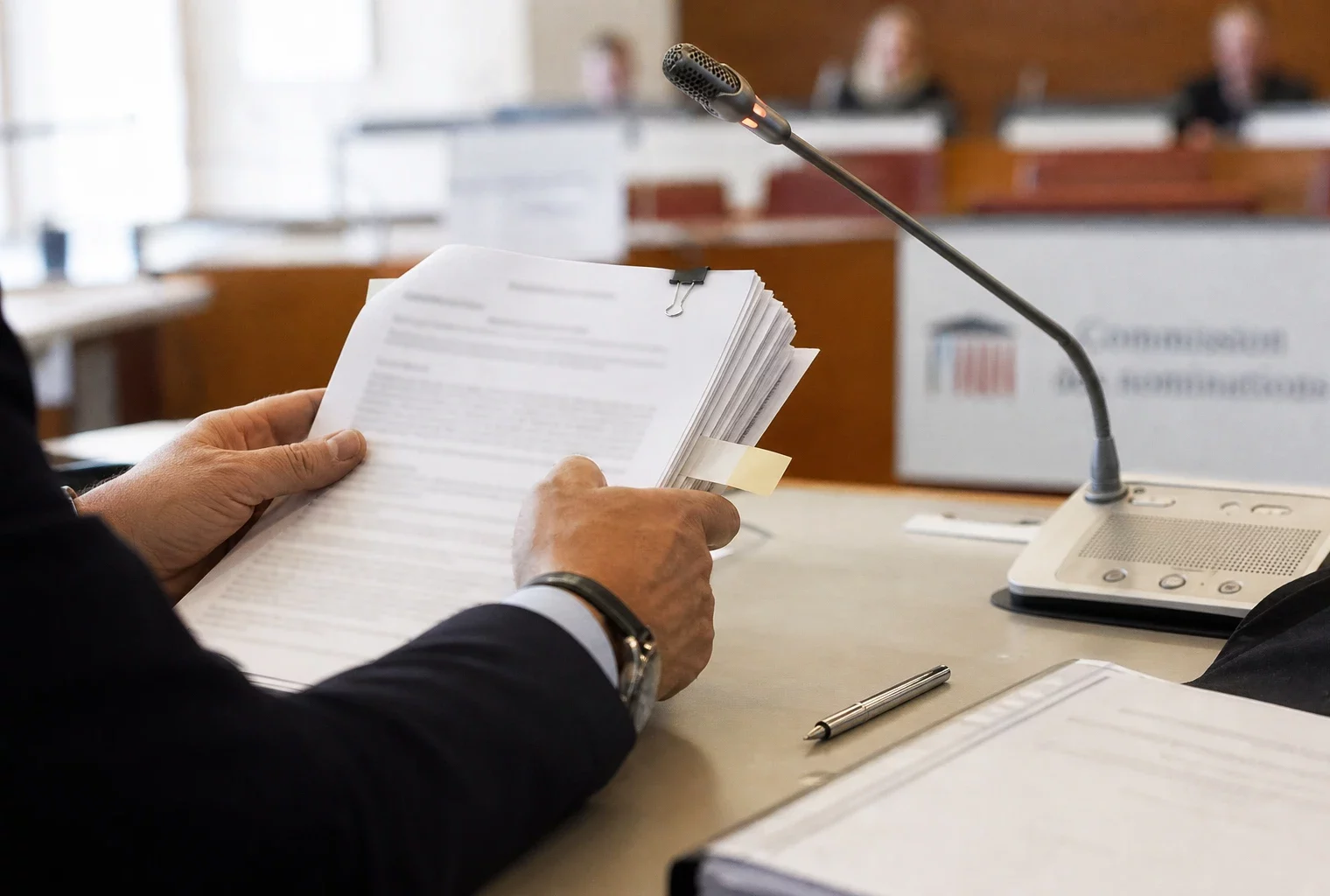 Dossier de commission tenu à la main près d’un micro, dans une salle institutionnelle française lumineuse.
