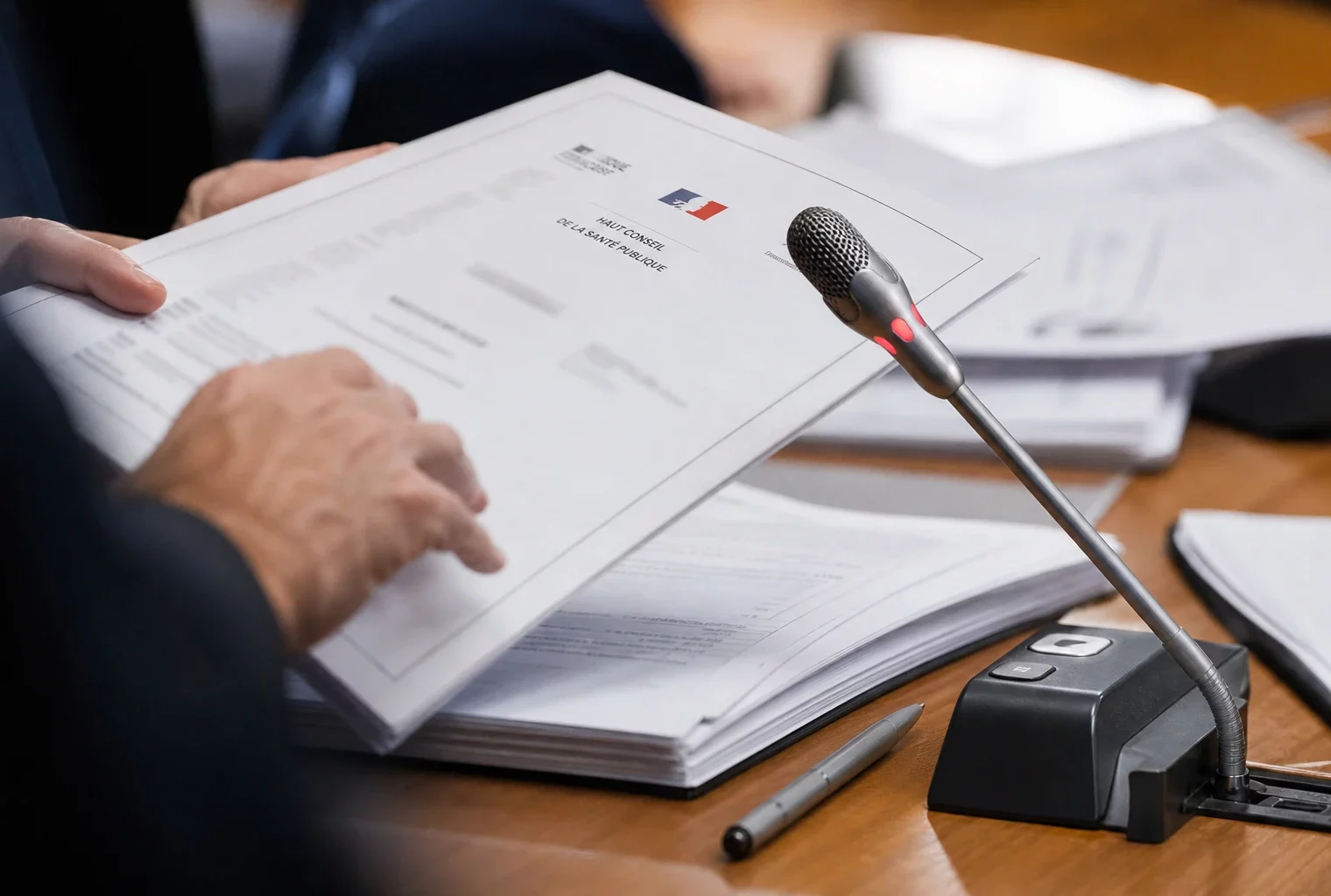 Mains anonymes feuilletant un dossier lors d’une audition, avec micro de commission et documents flous en premier plan.