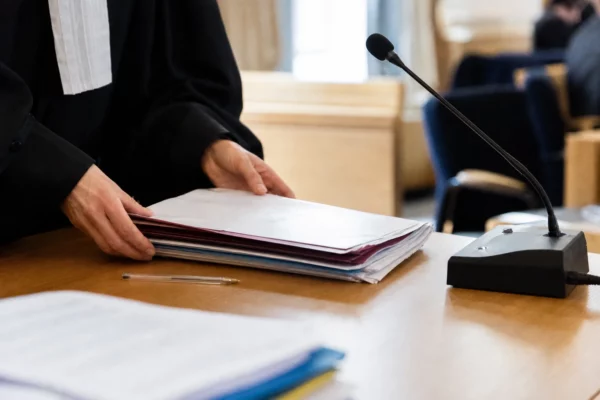 Mains anonymes rangeant un dossier judiciaire près d’un micro de commission dans un couloir institutionnel français.