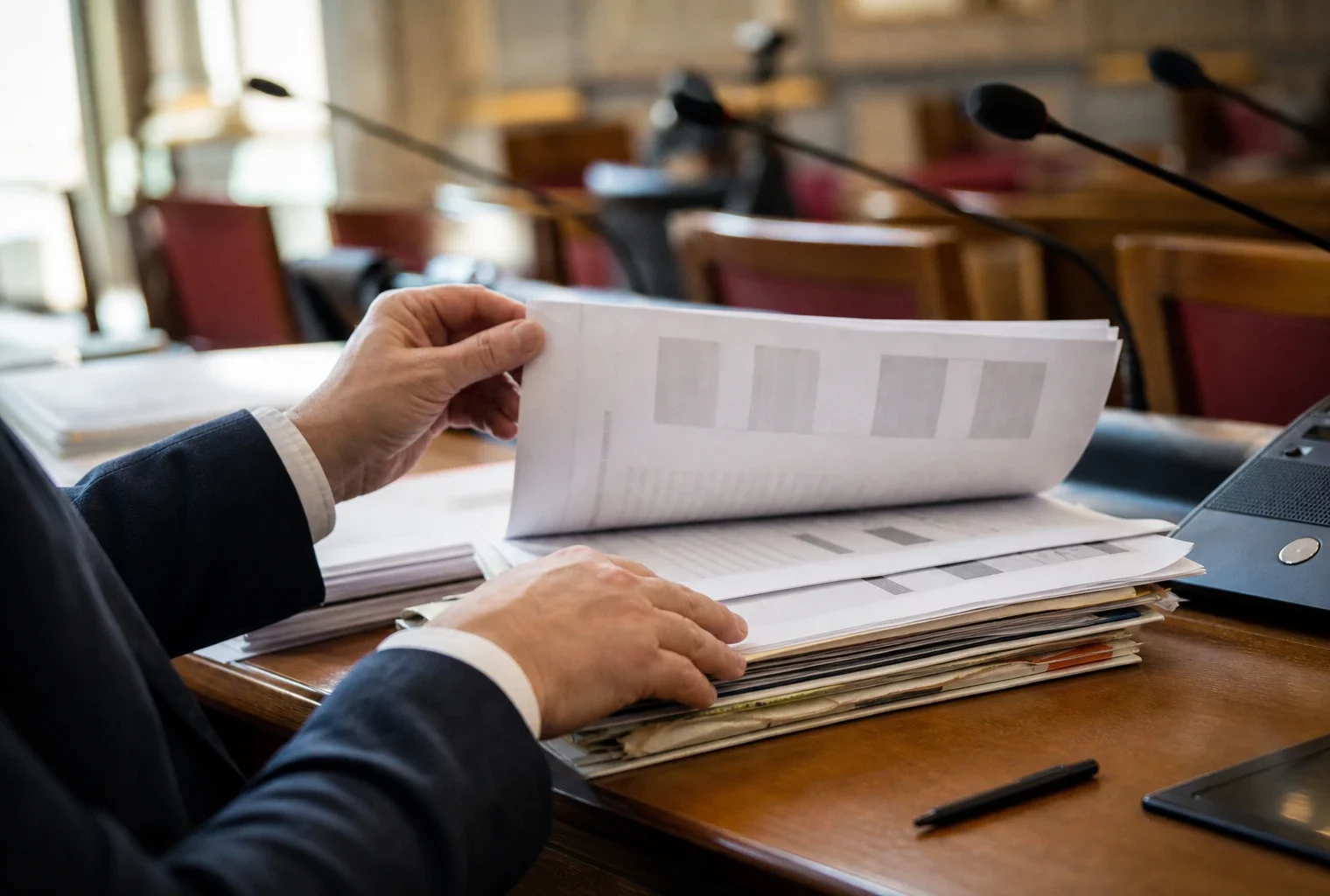 Dossier administratif et micro de commission dans une salle parlementaire, avec mains anonymes en train de feuilleter des documents.