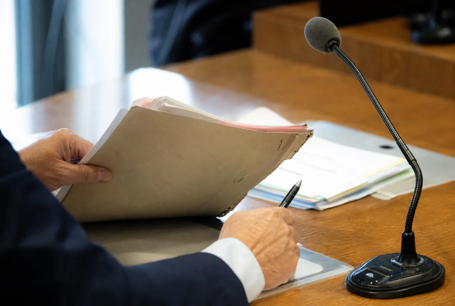 Mains anonymes tenant un dossier lors d’une audition parlementaire, avec micro de commission et documents flous.