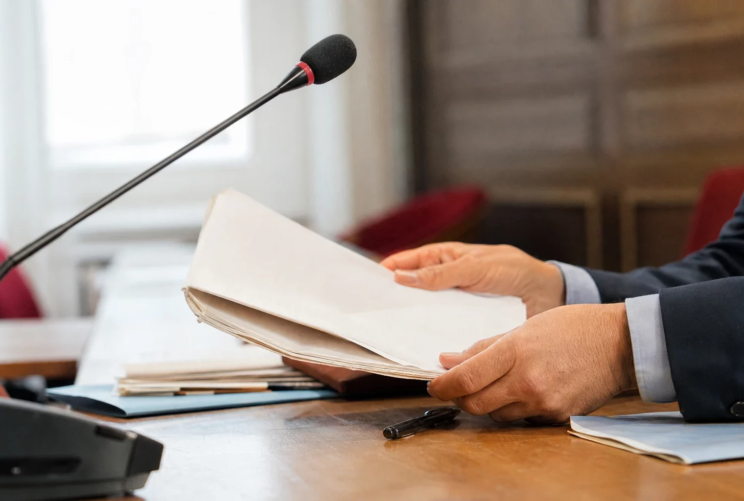 Dossier d’audition tenu par des mains anonymes dans une salle de commission parlementaire, avec micro et documents flous.