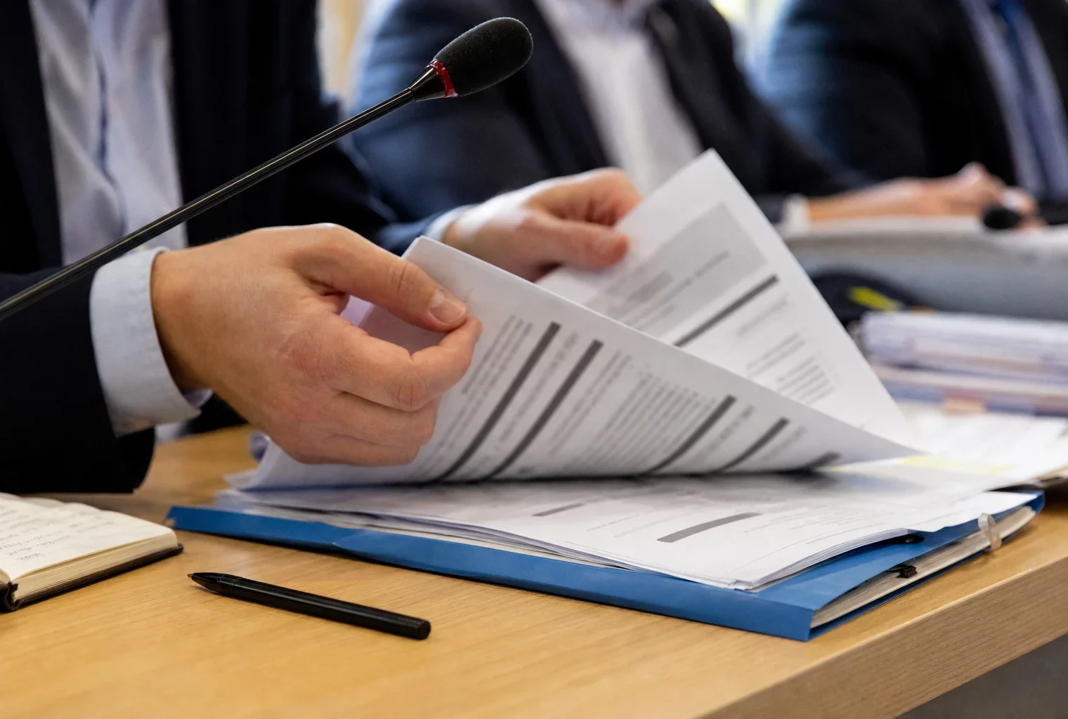 Mains anonymes près d’un micro et d’un dossier de nomination dans une salle de commission régionale