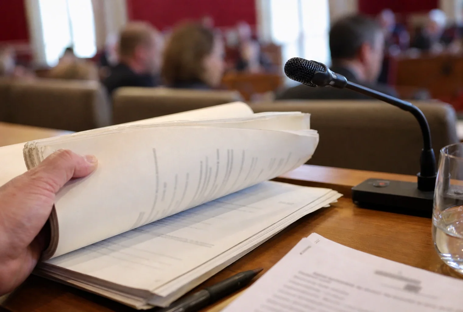Dossier ministériel et micro de commission vus de près, avec une main feuilletant des documents flous dans une salle institutionnelle.
