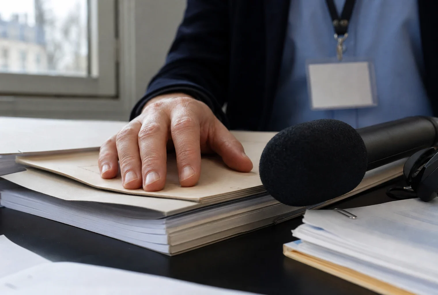 Gros plan d’un dossier neutre, d’un badge générique et d’un micro de radio dans un bureau de presse lumineux.