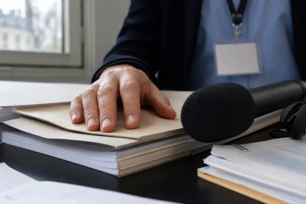 Gros plan d’un dossier neutre, d’un badge générique et d’un micro de radio dans un bureau de presse lumineux.