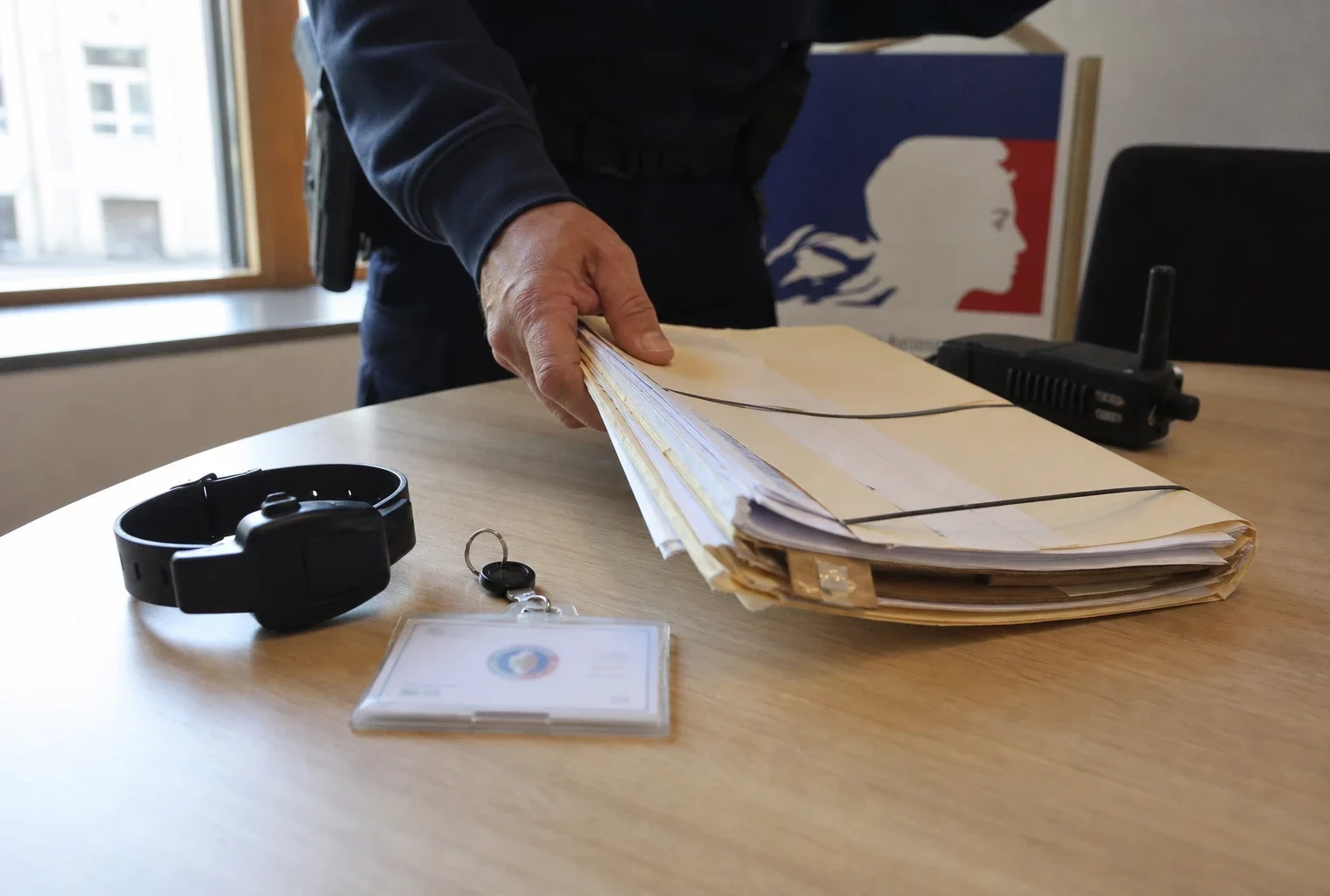 Main tenant un dossier institutionnel avec un badge générique et un bracelet électronique sur une table claire