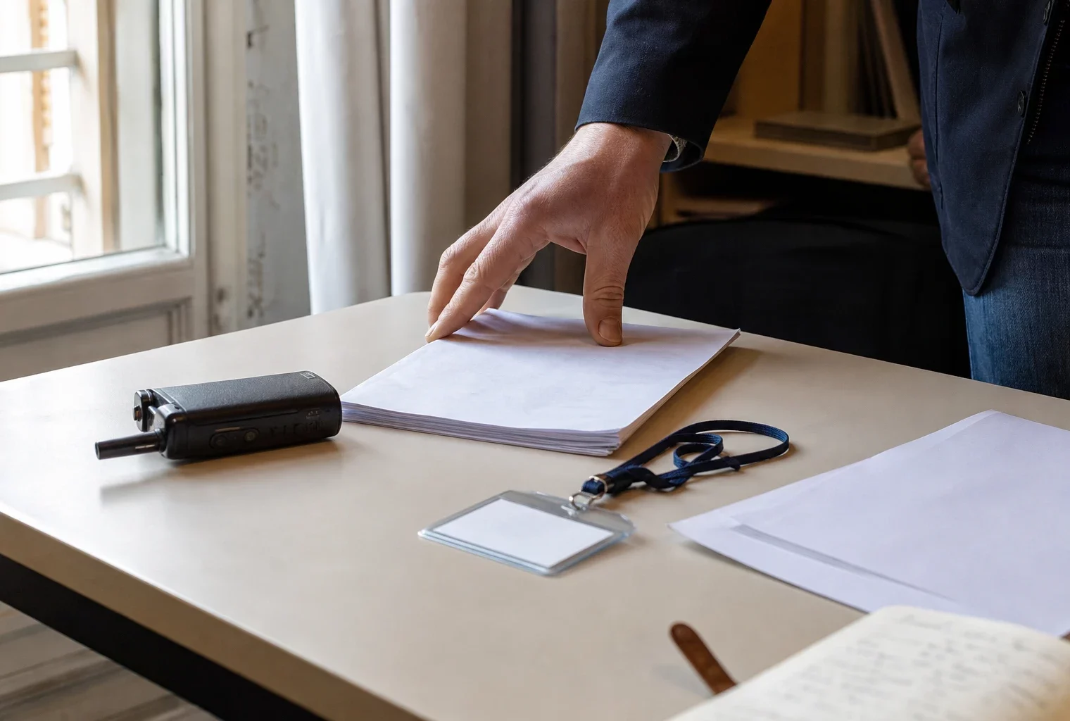 Main posant un dossier anonyme près d’un badge et d’une radio de presse sur un bureau éclairé par la fenêtre.