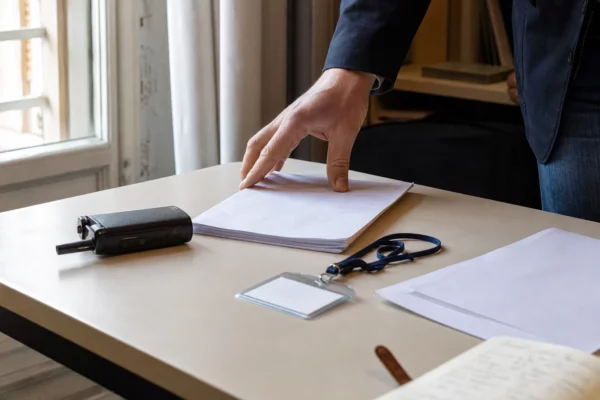 Main posant un dossier anonyme près d’un badge et d’une radio de presse sur un bureau éclairé par la fenêtre.