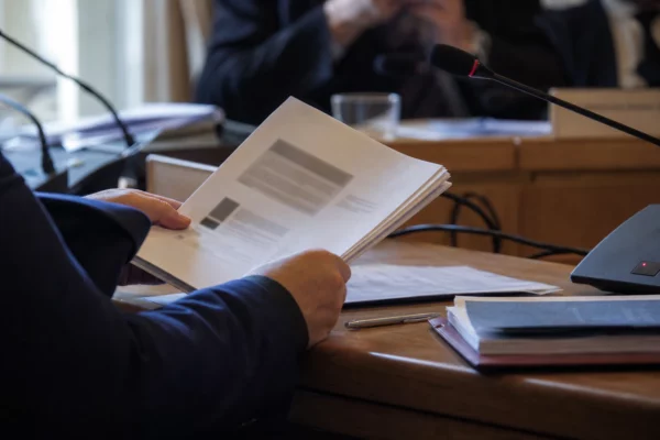 Gros plan d’un dossier parlementaire avec micro de commission, mains anonymes et documents flous sous une lumière claire.
