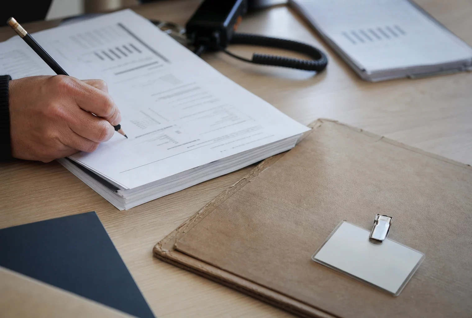 Main annotant un dossier fiscal neutre avec badge générique et radio floue dans un bureau lumineux.