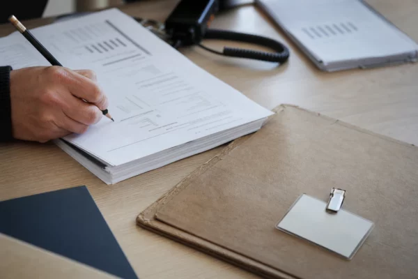 Main annotant un dossier fiscal neutre avec badge générique et radio floue dans un bureau lumineux.