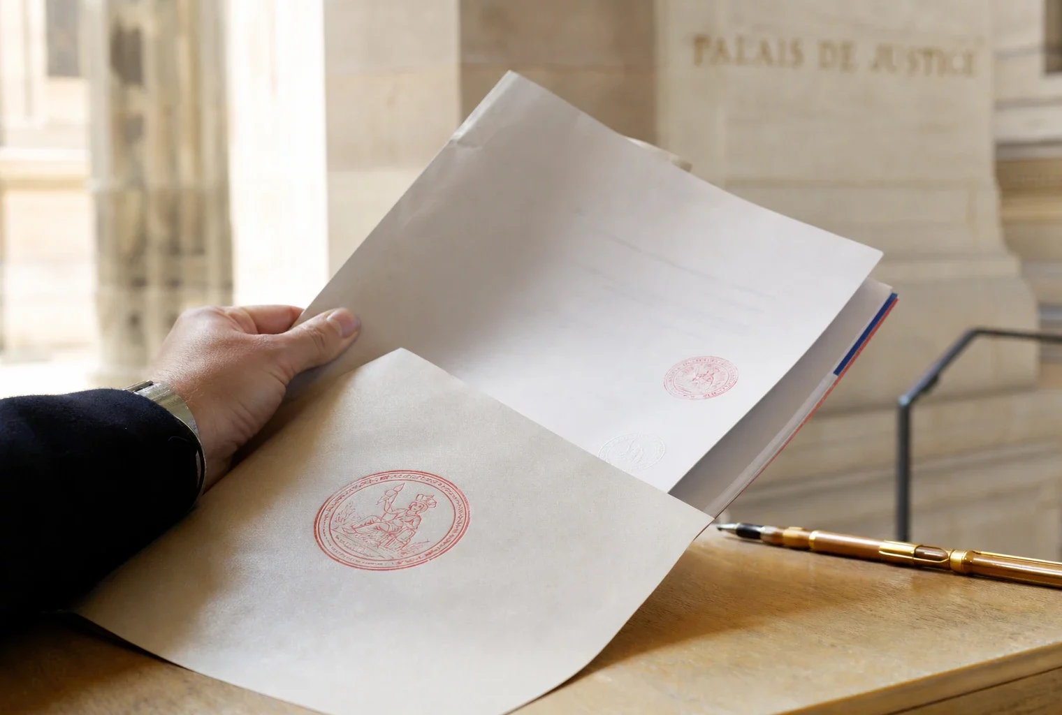 Dossier de justice français en gros plan avec un tampon officiel et une main anonyme dans un palais de justice.
