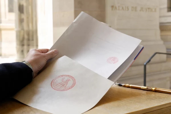 Dossier de justice français en gros plan avec un tampon officiel et une main anonyme dans un palais de justice.