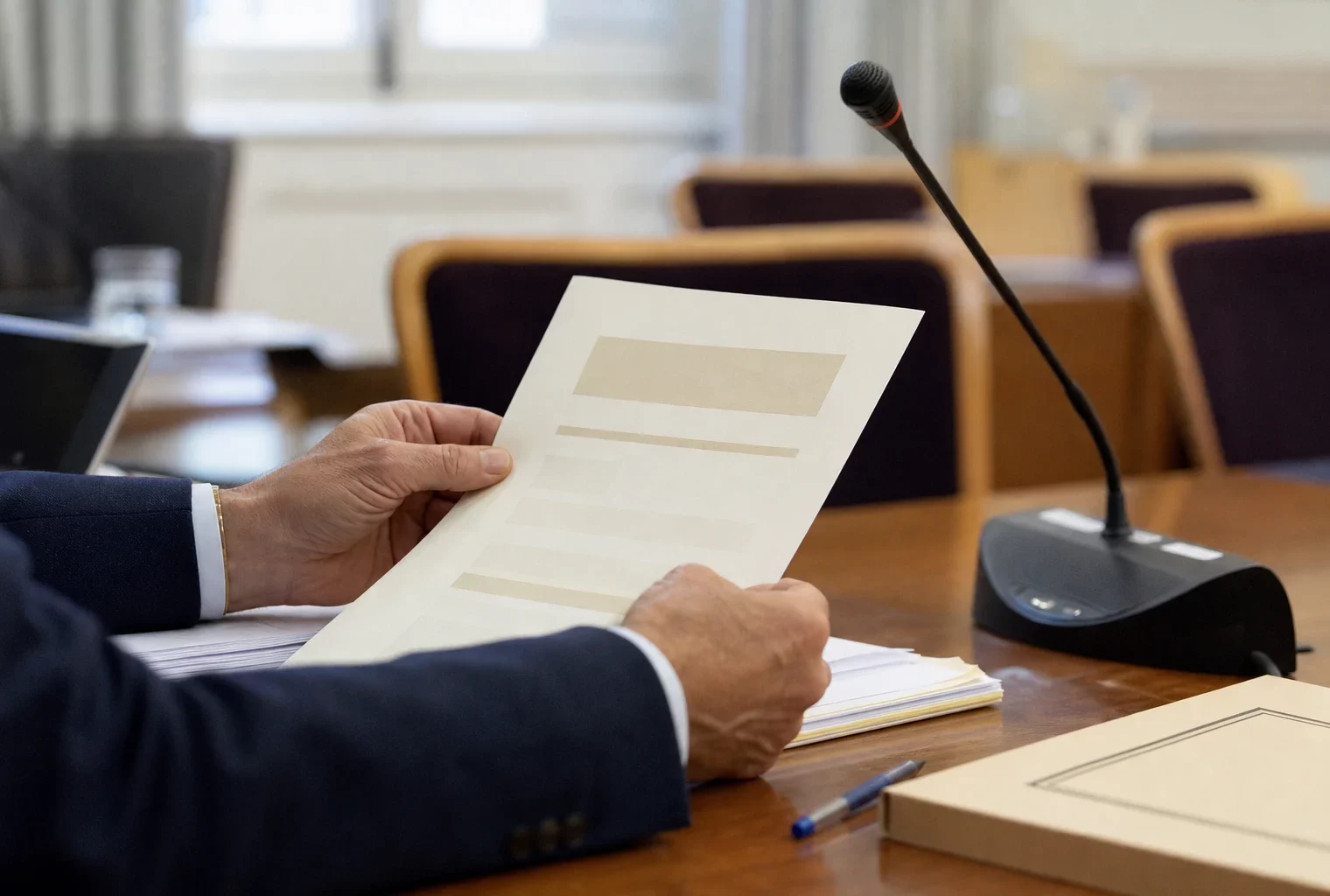 Dossier de nomination tenu par des mains anonymes dans une salle de commission avec micro et documents flous