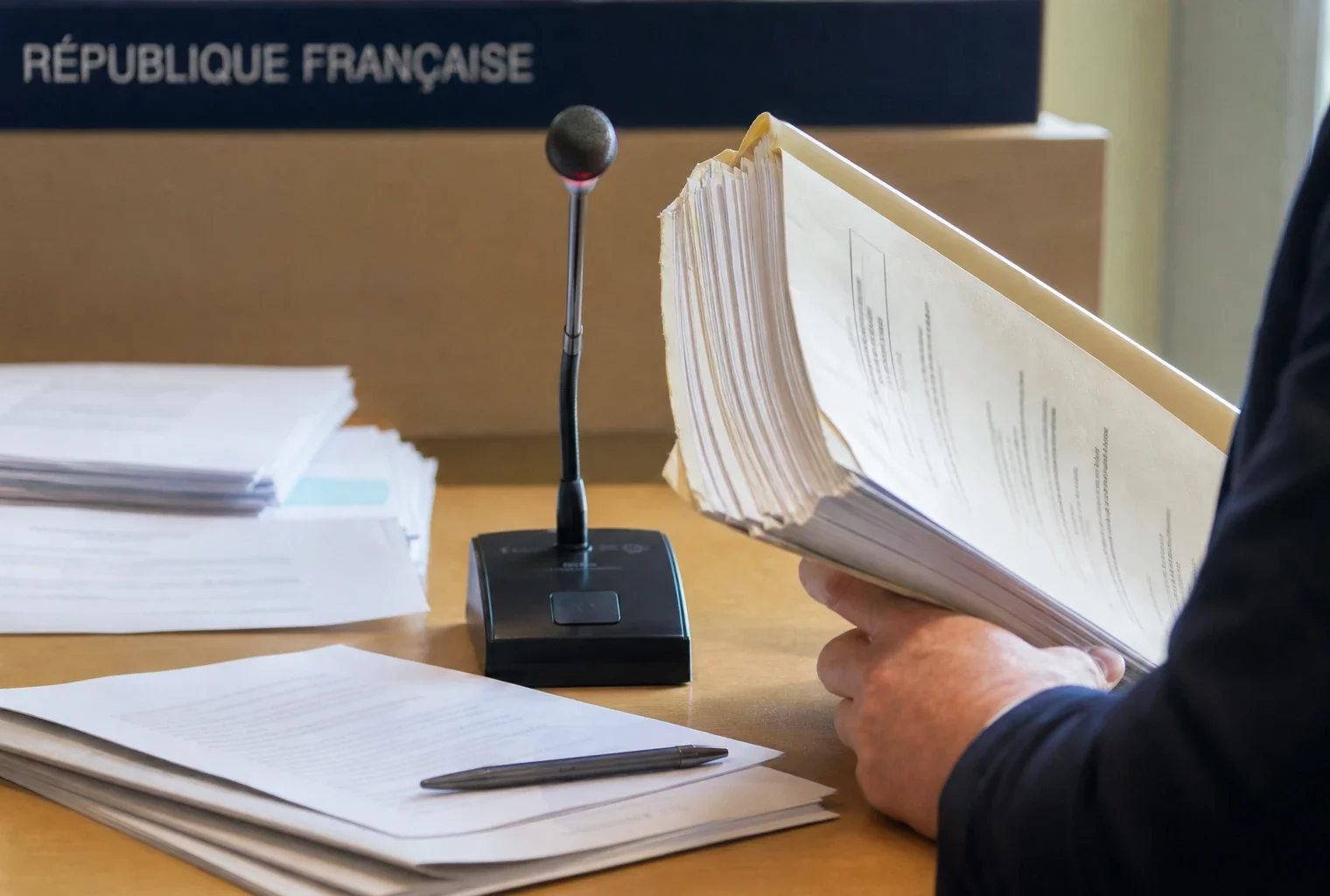 Mains anonymes consultant un dossier de nomination avec micro de commission dans une salle institutionnelle lumineuse.