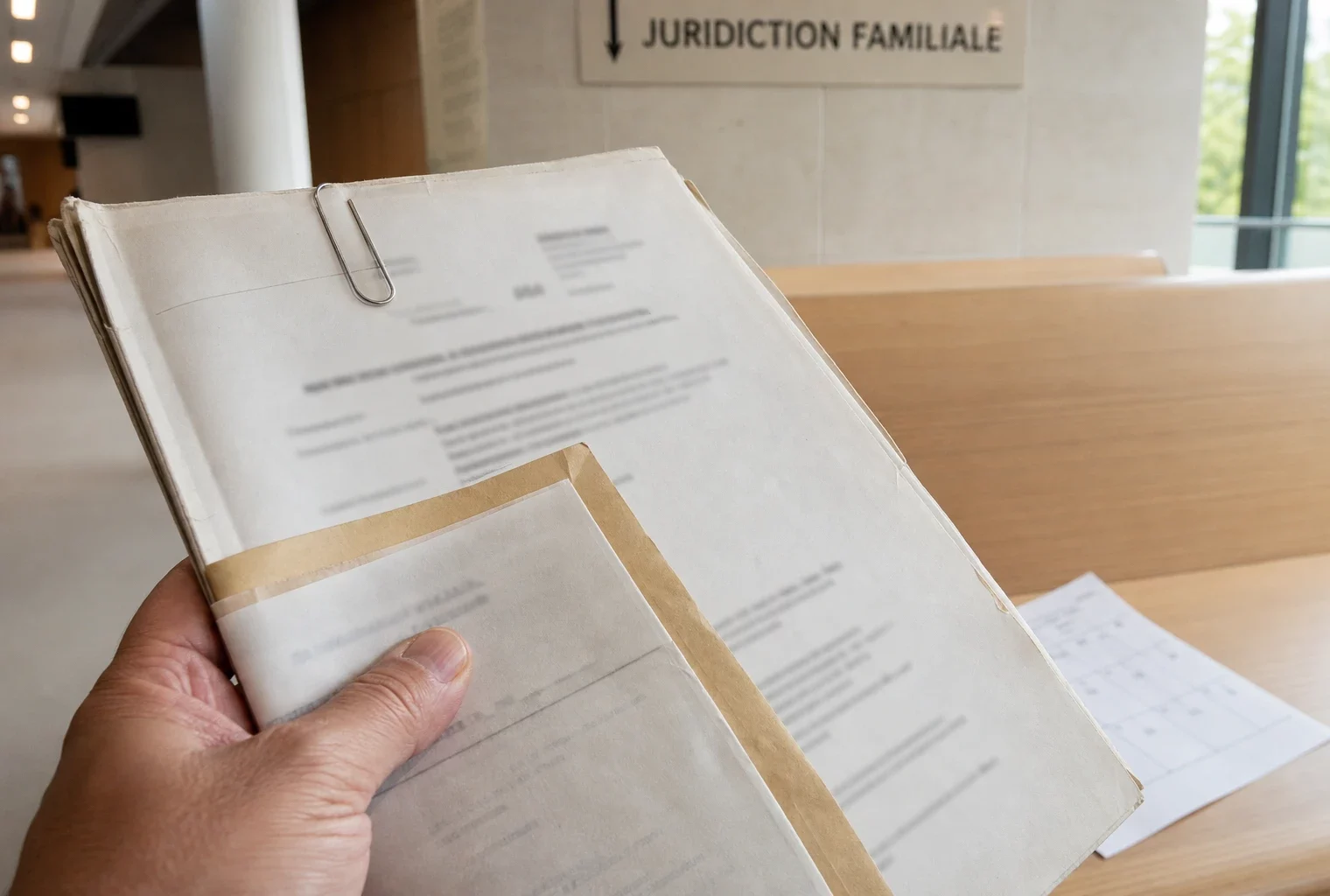 Gros plan d’un dossier de justice familiale tenu en main dans un tribunal français, avec documents flous et lumière naturelle.