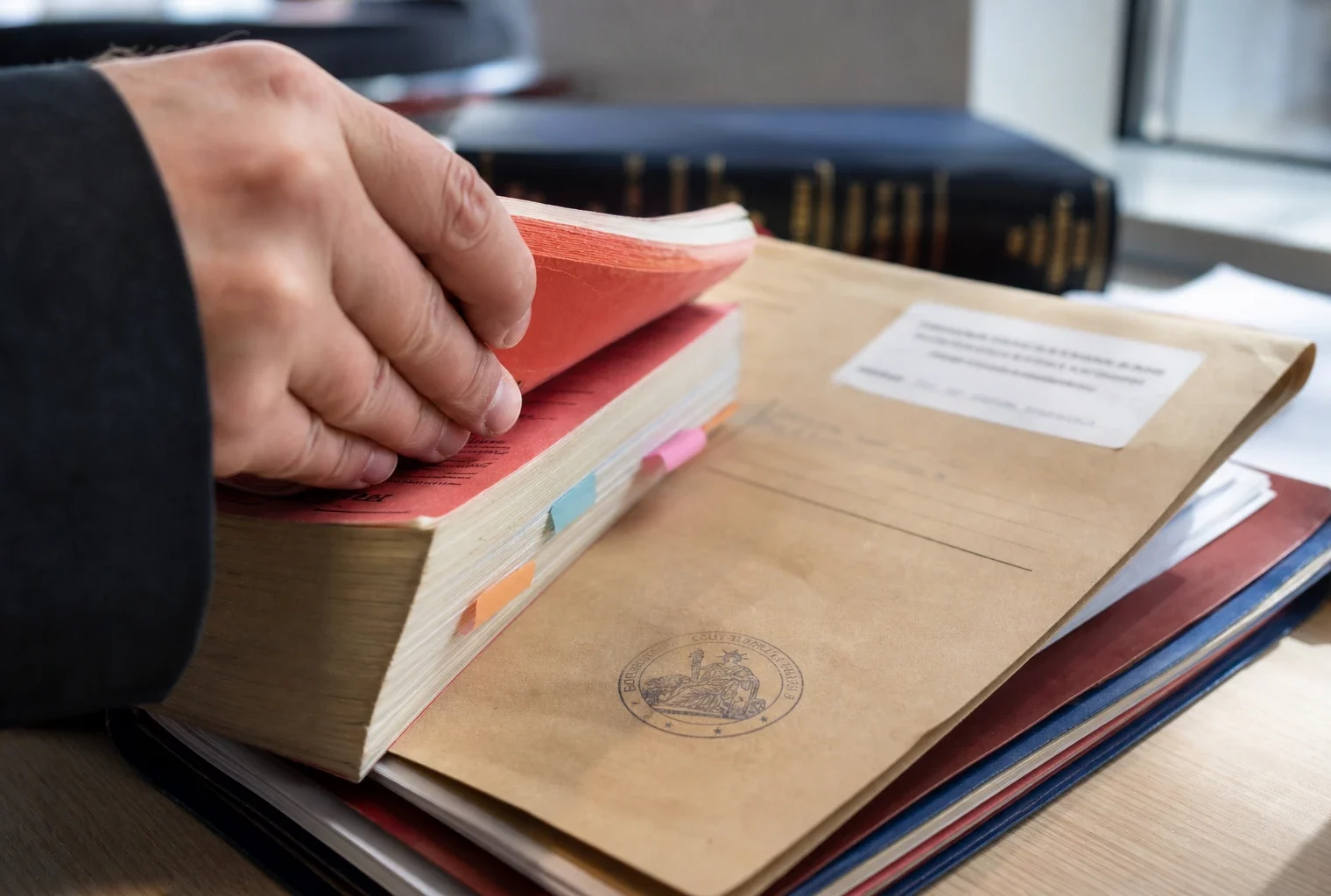 Gros plan d’un dossier judiciaire français avec code de procédure et tampon sur une table claire.