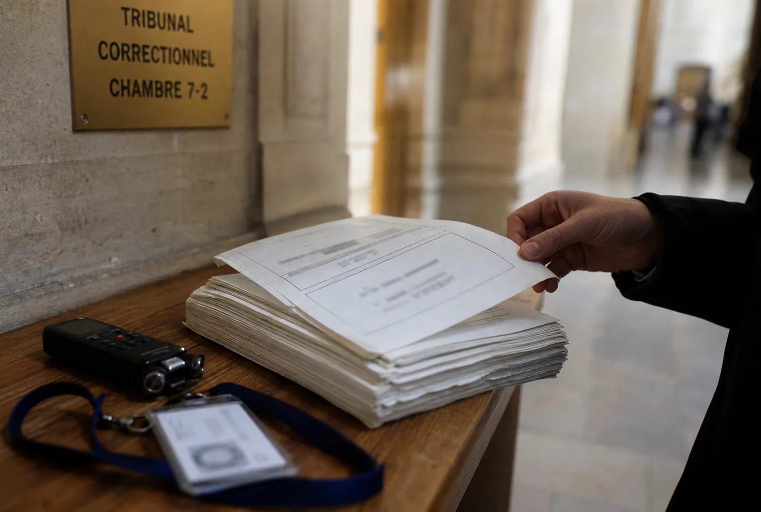 Dossier judiciaire, badge de presse et enregistreur audio dans un couloir de tribunal français