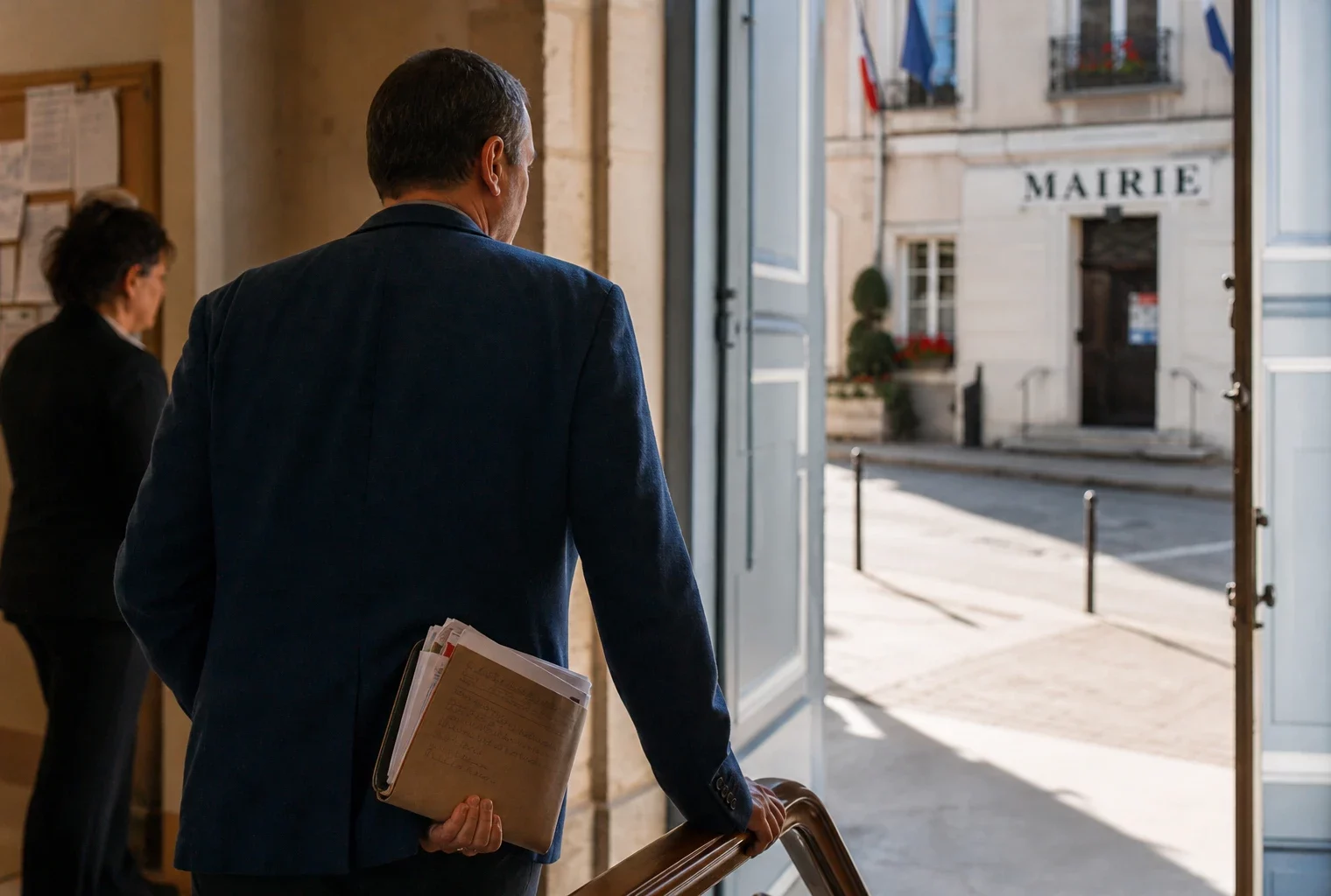 Élu local anonyme de dos, carnet en main, devant une mairie française baignée de lumière naturelle.