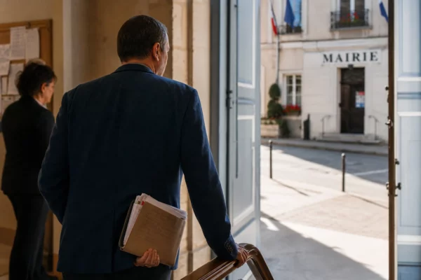 Élu local anonyme de dos, carnet en main, devant une mairie française baignée de lumière naturelle.