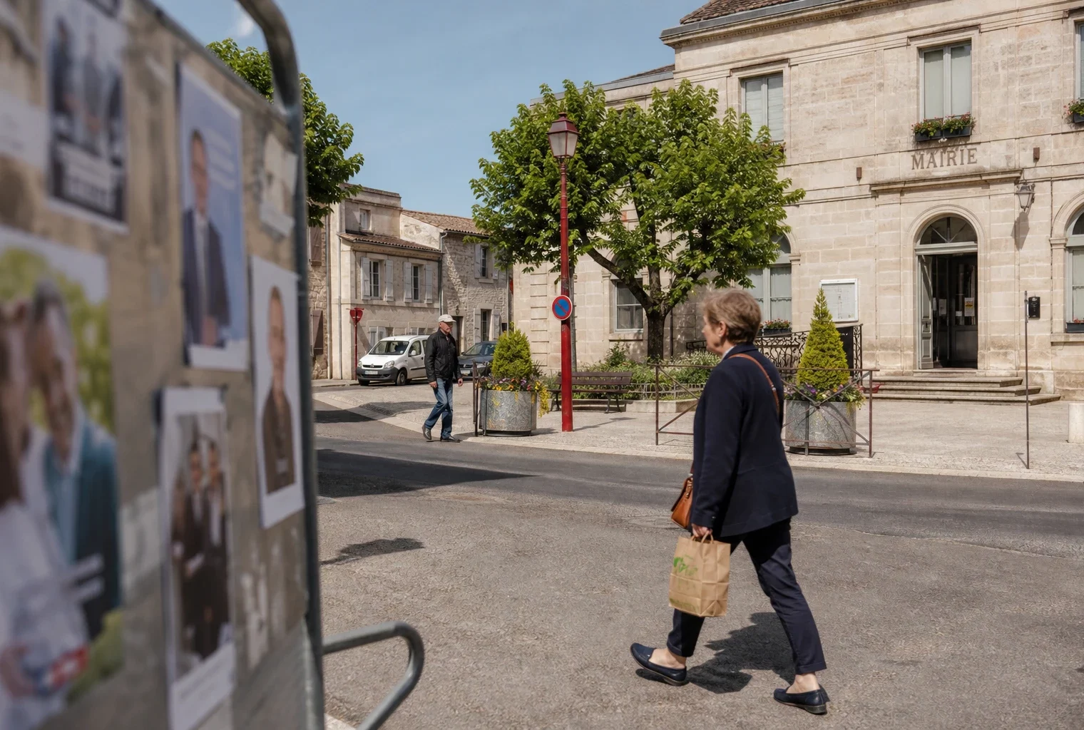 Rue d’une ville moyenne française près de la mairie, passants anonymes et ambiance politique locale discrète.