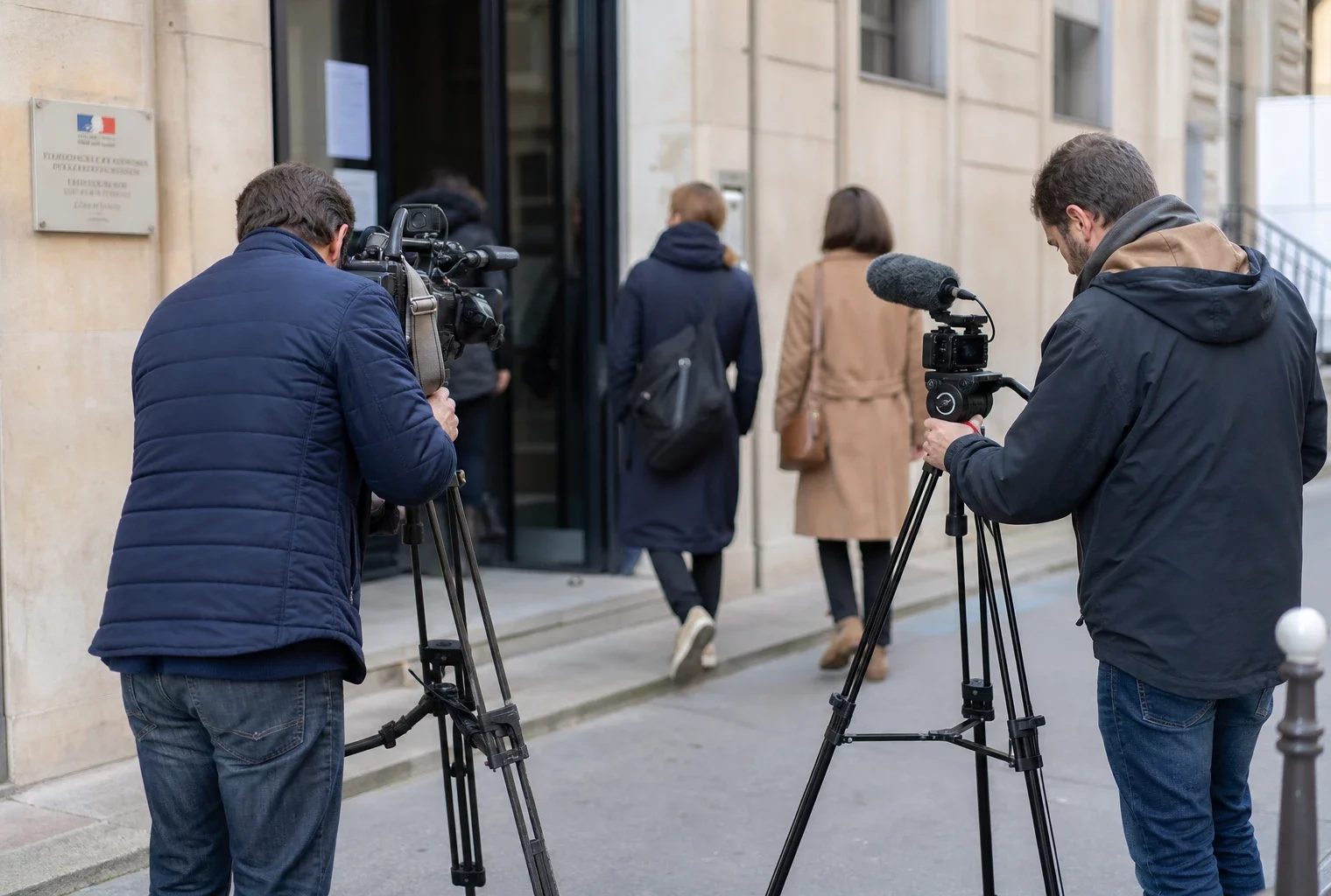 Reporters installant leurs caméras devant un bureau politique parisien, dans une scène de presse en plein jour.