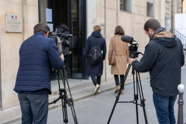 Reporters installant leurs caméras devant un bureau politique parisien, dans une scène de presse en plein jour.