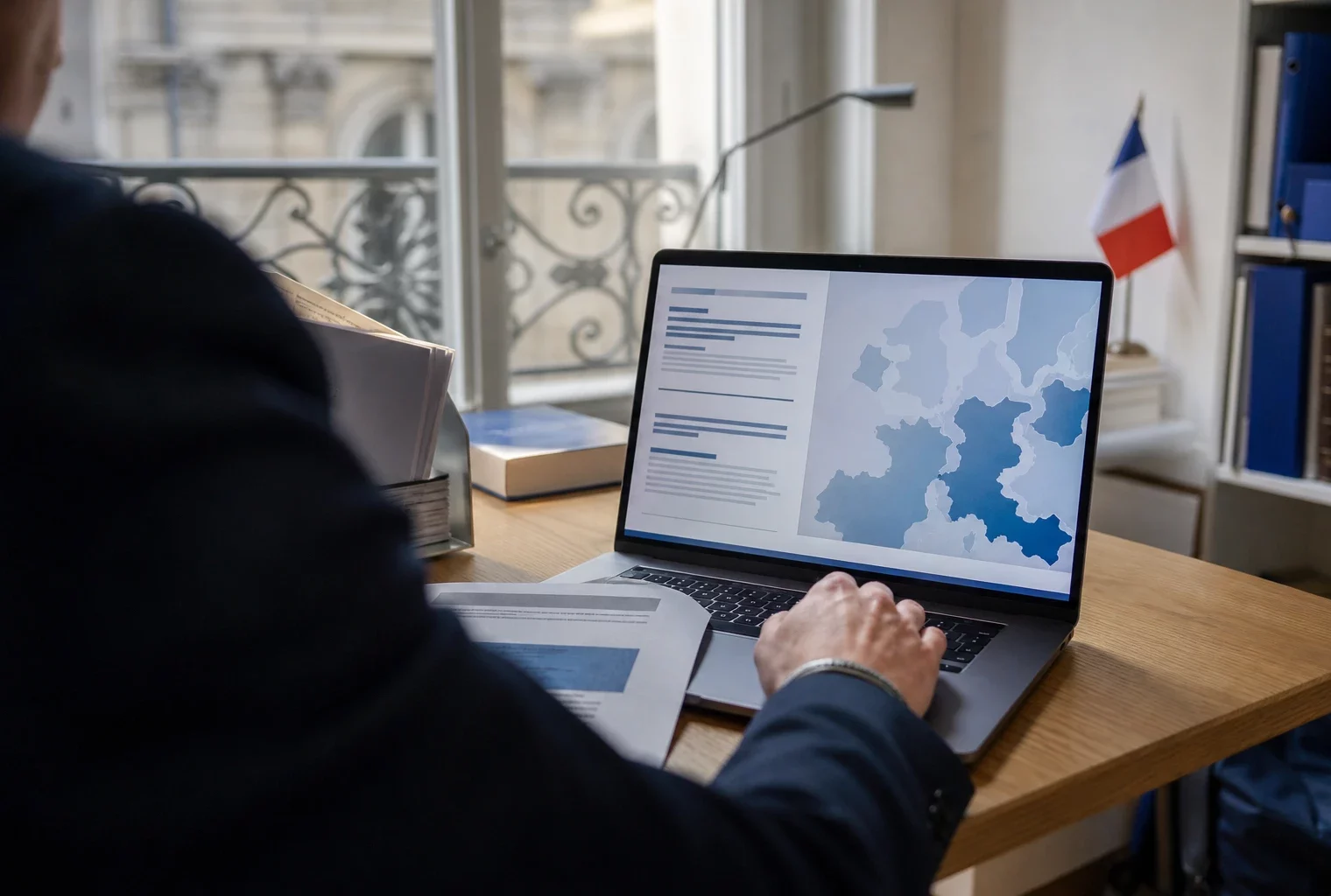Vue de bureau en contre-champ avec écran d’ordinateur affichant une interface européenne abstraite et une main floue au premier plan.