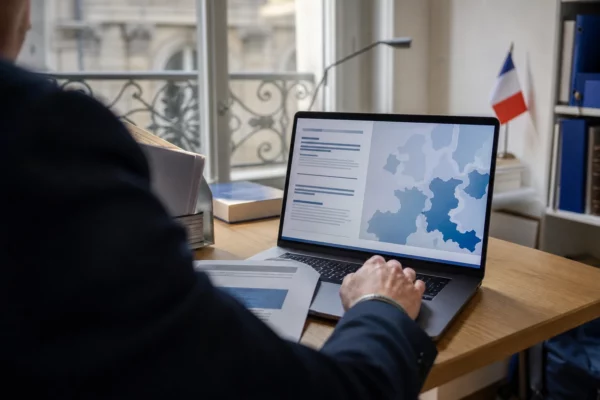 Vue de bureau en contre-champ avec écran d’ordinateur affichant une interface européenne abstraite et une main floue au premier plan.