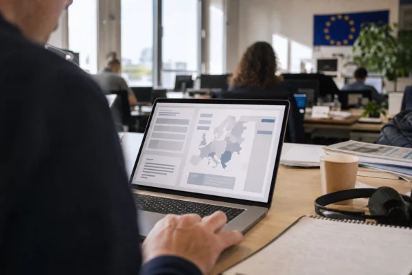 Un journaliste de dos consulte un écran d’ordinateur avec interface européenne abstraite dans une rédaction lumineuse.