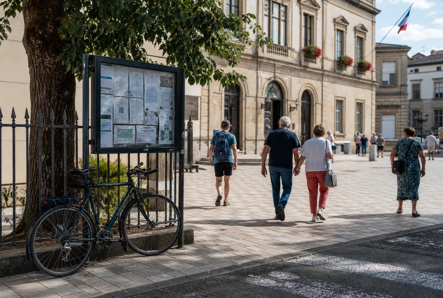 Rue d’une ville moyenne française près d’une mairie, avec passants anonymes et ambiance de campagne discrète.
