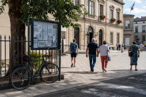 Rue d’une ville moyenne française près d’une mairie, avec passants anonymes et ambiance de campagne discrète.